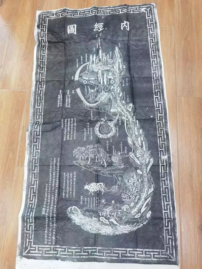 A photographed Neijing Tu sheet, with a landscape-filled body and surrounding inscriptions.