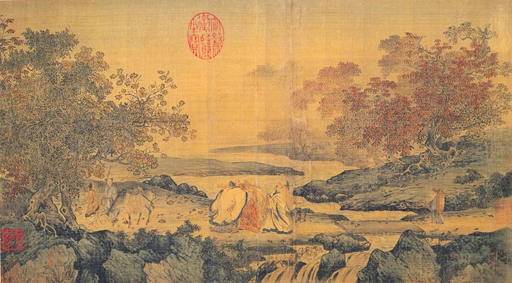 A landscape painting of the Three Laughers legend, depicting Lu Xiujing, Huiyuan and Tao Yuanming